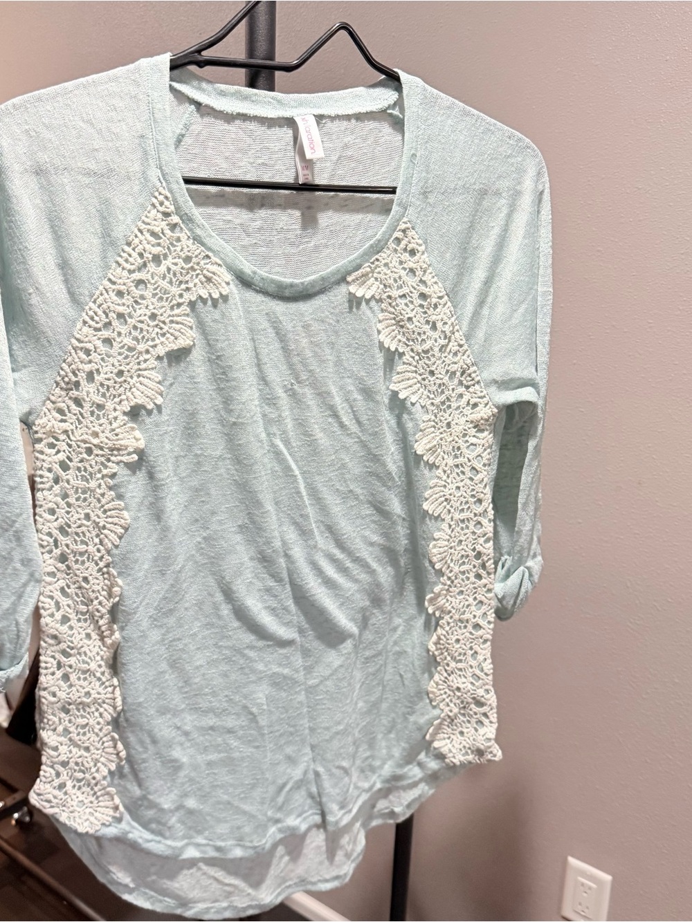 Xhilaration Light Blue Raglan Top with Cream Lace Trim
